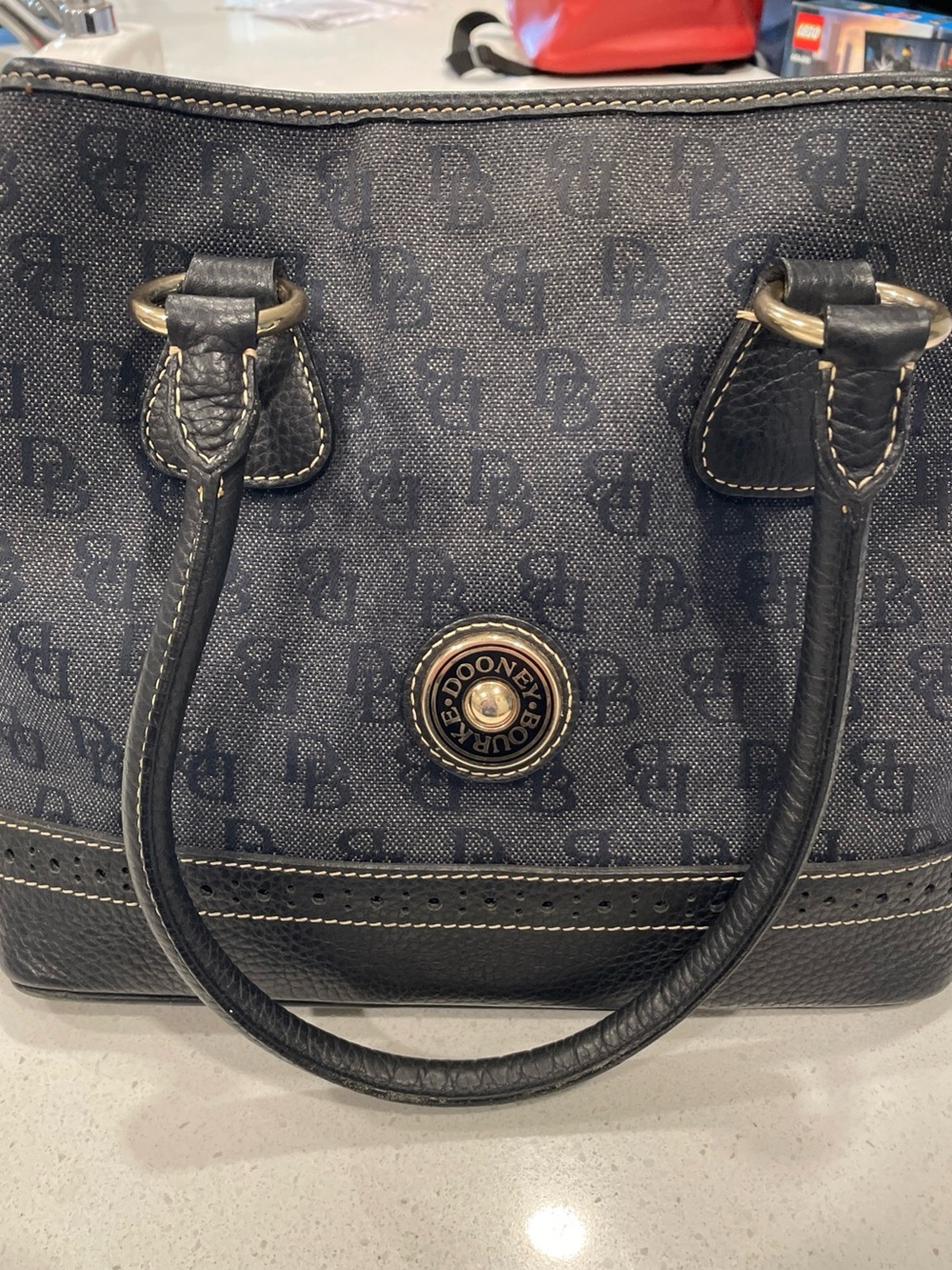 Dooney & Bourke Black Logo Satchel with Black Leather Trim